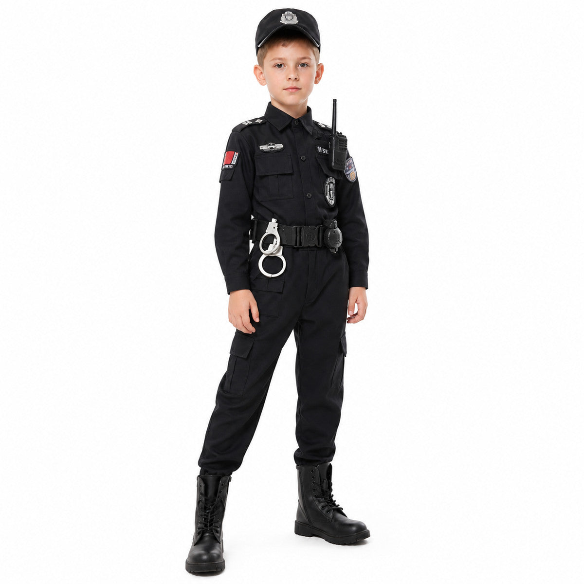Black Children's Police Officer Costume with Cap and Belt Costume Headwear detail