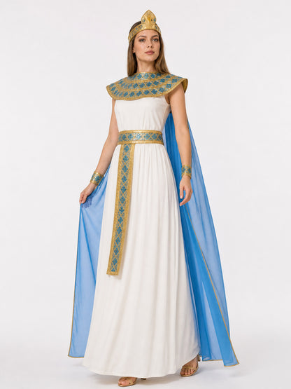 Cleopatra Costume with White Dress and Blue Cape