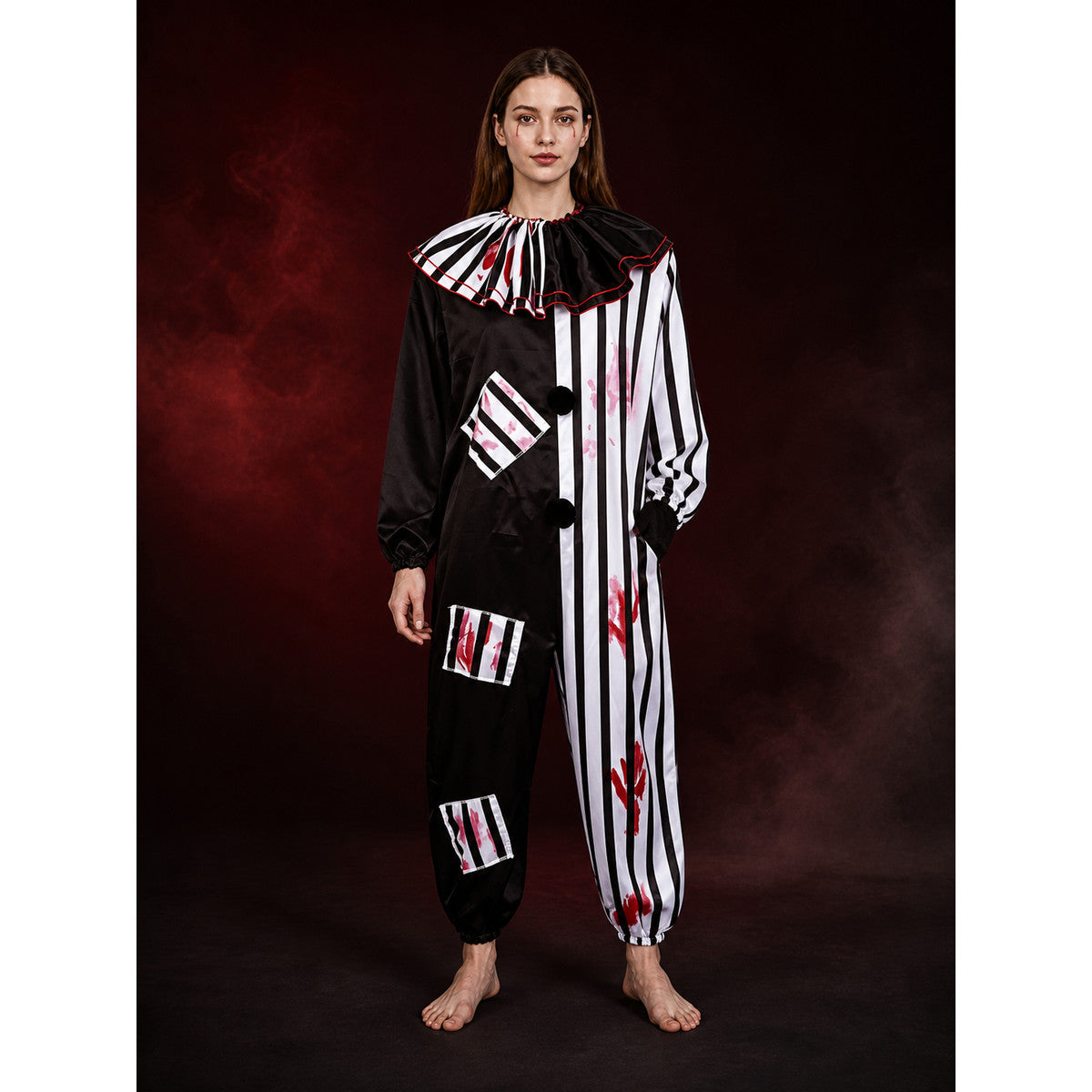 Scary Clown Jumpsuit Costume, Black White Red Ruffled One-Piece Outfit main product view