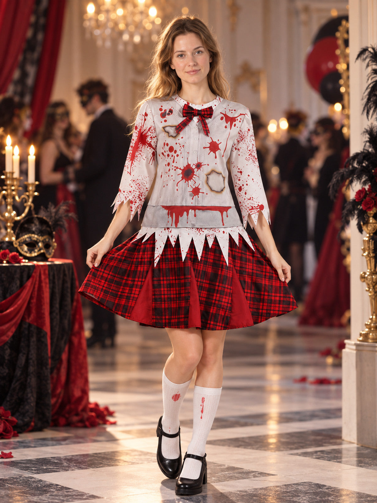 Carnival Dress with Red Bow and Plaid Skirt