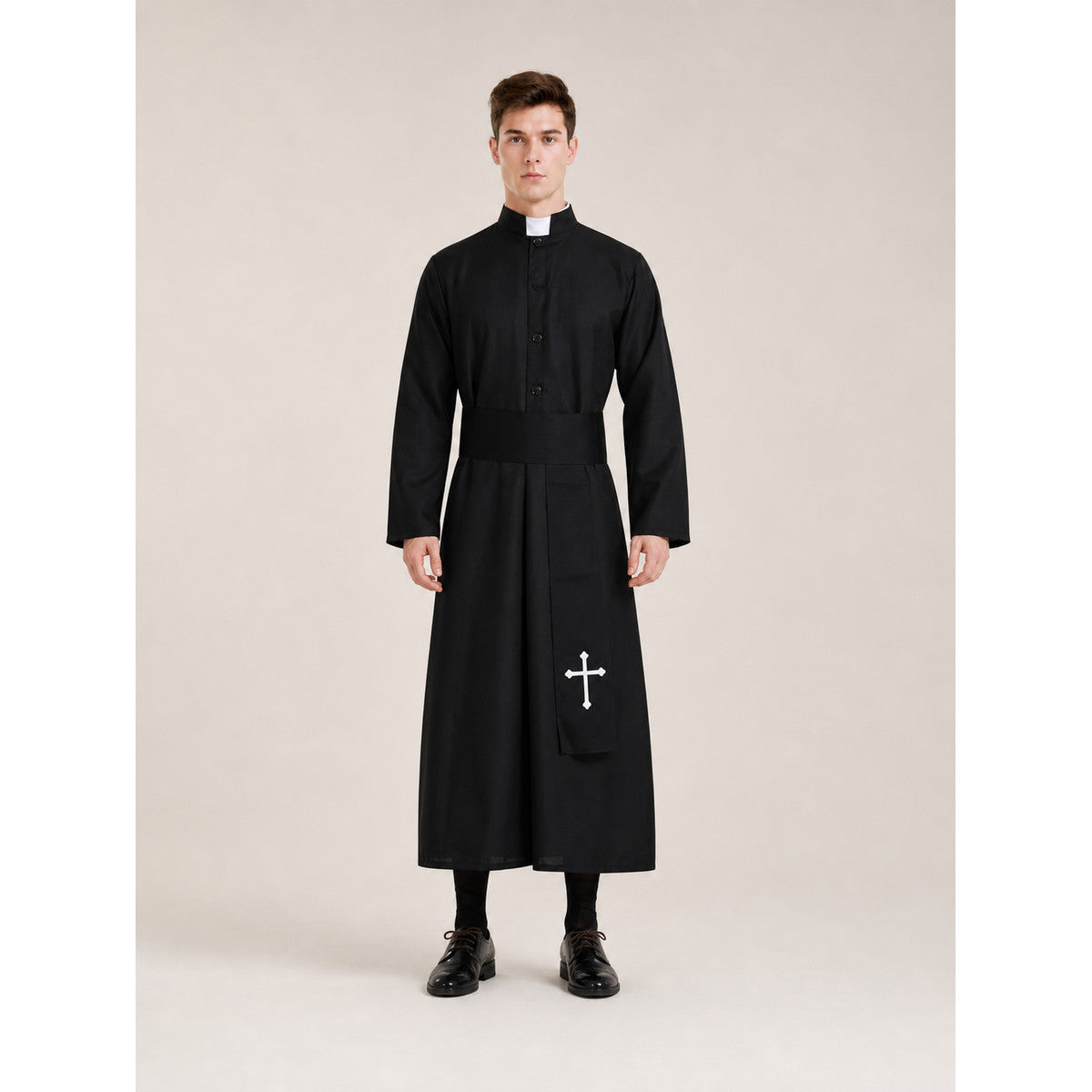 Men's Black Cassock with White Collar and Cross