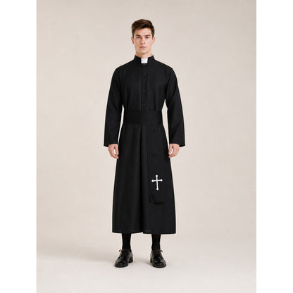 Men's Black Cassock with White Collar and Cross