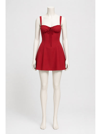 Red Strappy Dress with a Bow and Gathering