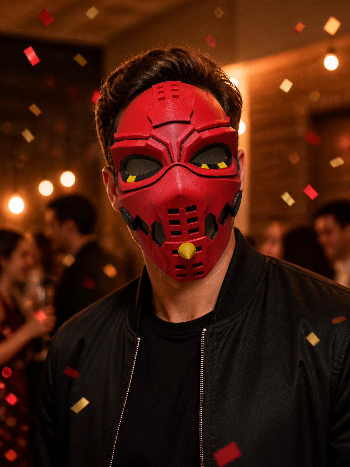 Red Full-Face Cosplay Mask with Yellow Decor lifestyle view