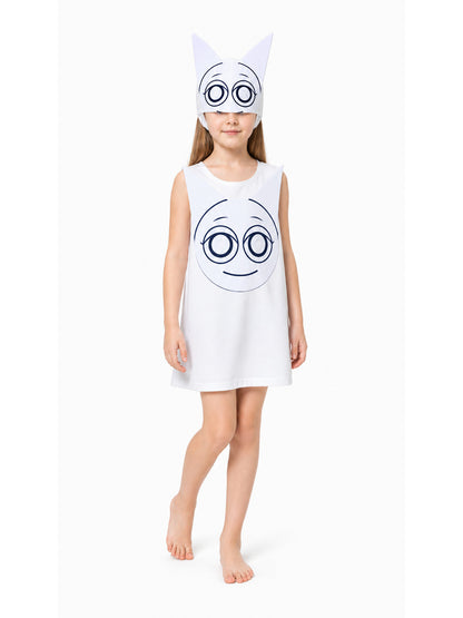 White Sleeveless Carnival Dress with Cat Print Costume Dresses detail