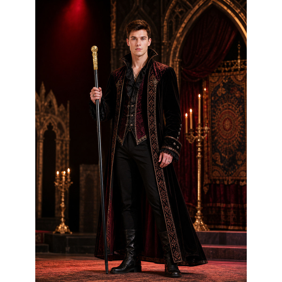 Full-body male model in a black and burgundy costume holding the black wand with its gold-tone decorative handle