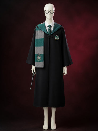 Green Wizard Costume Set, Hooded Robe With Tie, Scarf, Glasses & Wand