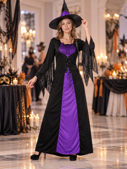 Witch Costume: Long Black and Purple Dress, Hat
