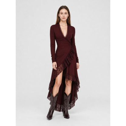 Burgundy Dress with a Deep V-Neckline and Lace Trim