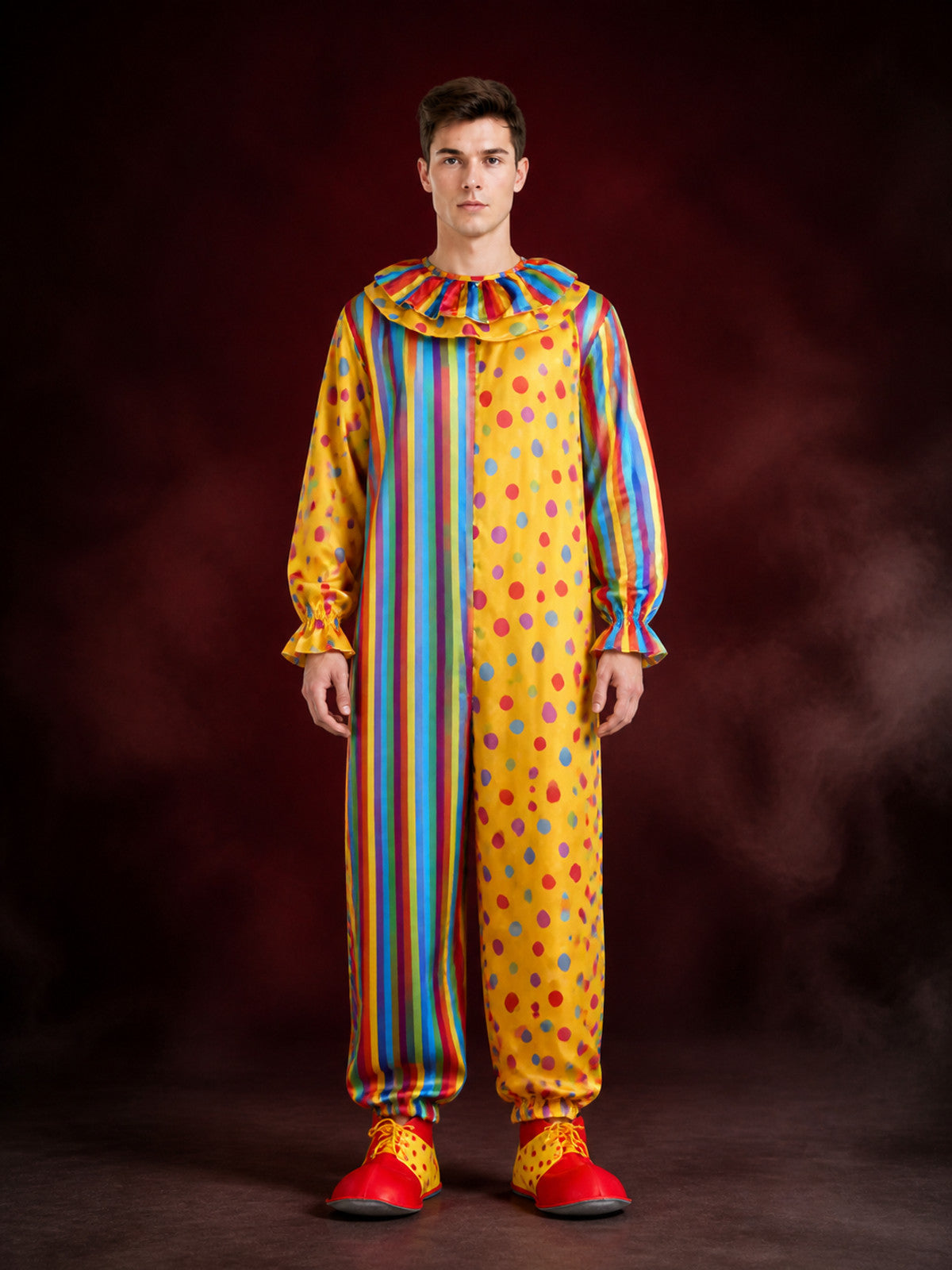 Unisex Adult Clown Jumpsuit Costume, Colorful Striped & Polka Dot One-Piece main product view