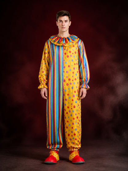 Unisex Adult Clown Jumpsuit Costume, Colorful Striped & Polka Dot One-Piece main product view