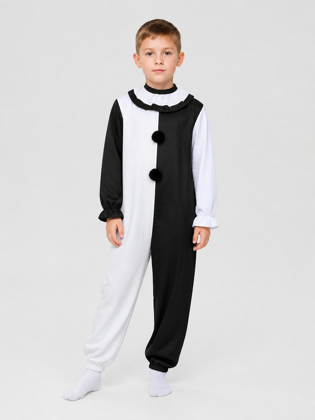 Clown Cosplay Jumpsuit, Black and White with Jabot Costumes detail