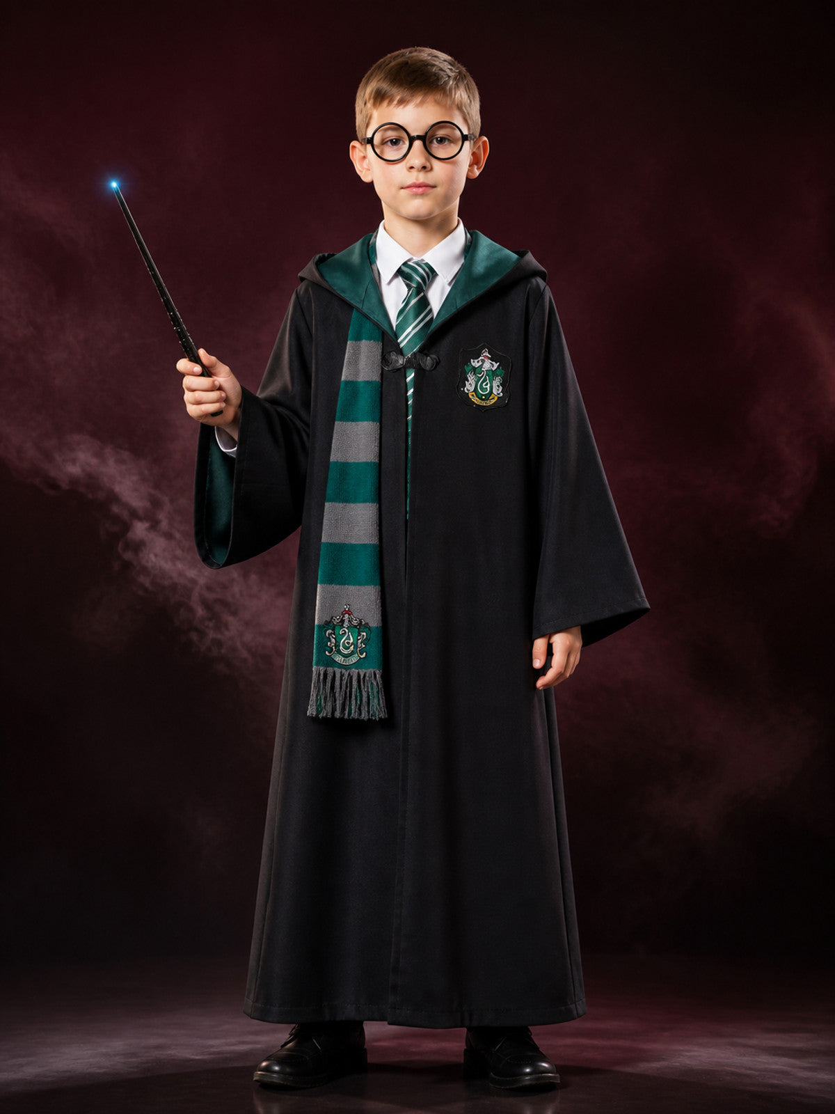 Hooded Wizard Robe Costume Set with Snake Crest, Tie, Scarf, Glasses and Wand main product view