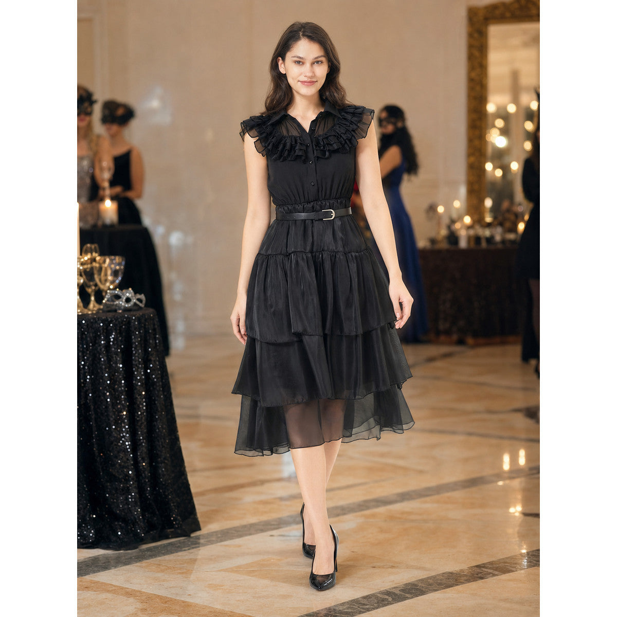 Black Dress with Tiered Skirt and Ruffles lifestyle view