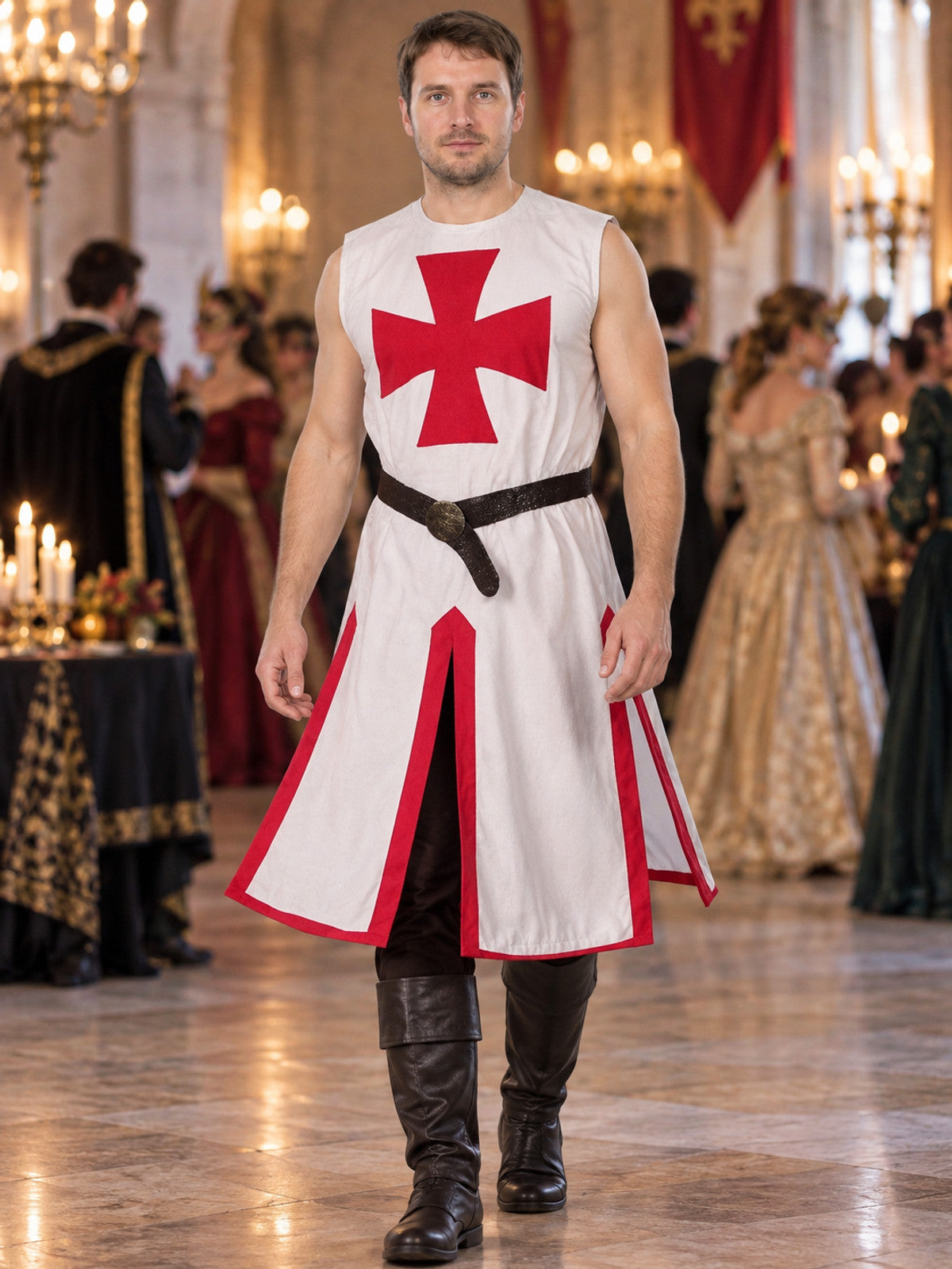 Crusader Costume: Red Sleeveless Tunic with Belt