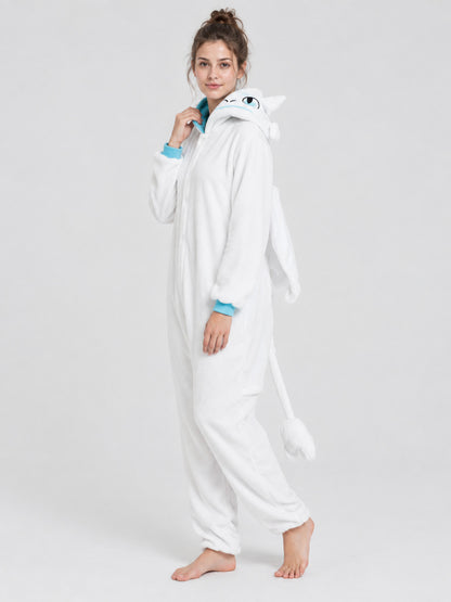 white jumpsuit pajama with blue trim and a tail