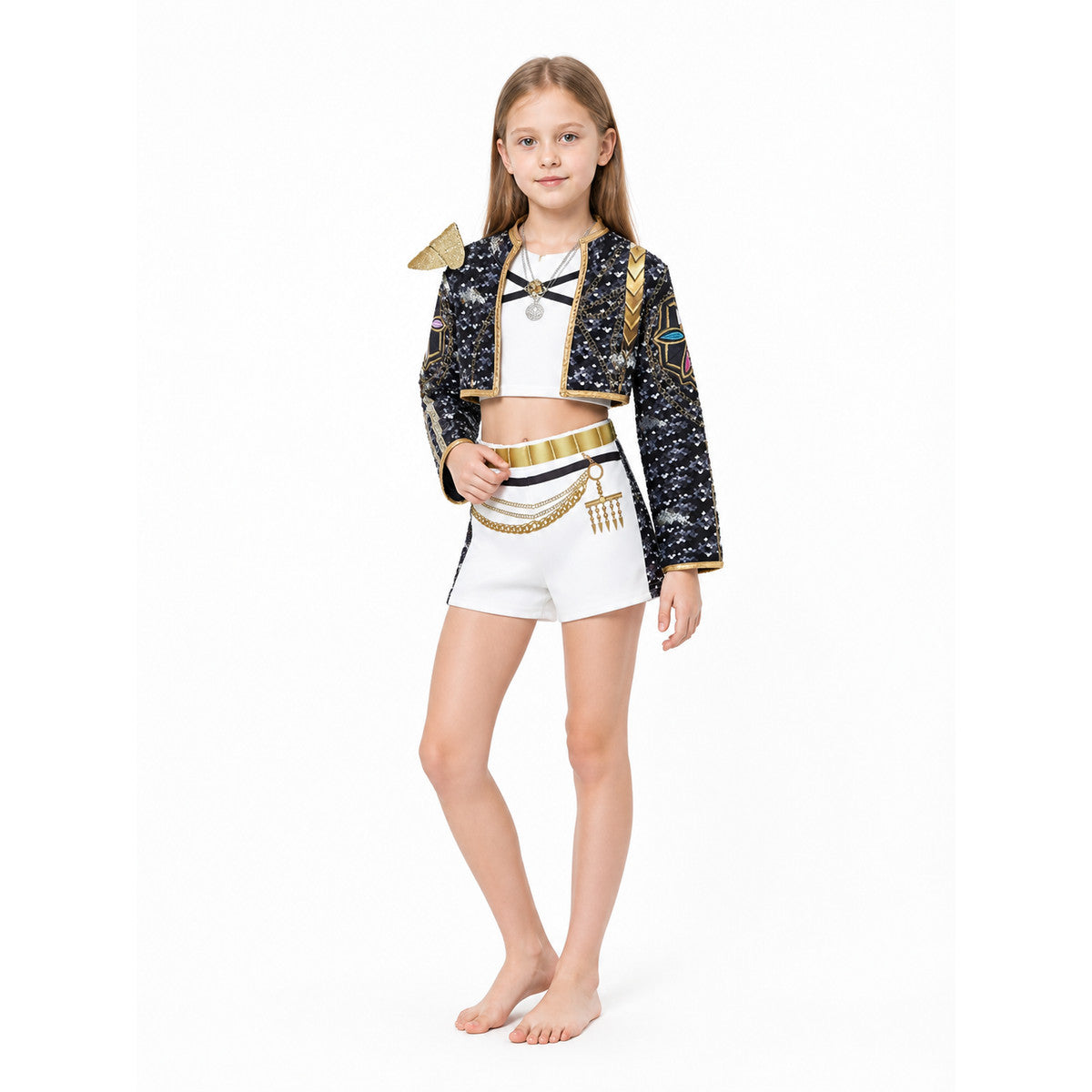 Stage Costume: Black Sequin Jacket with White Shorts Costumes detail