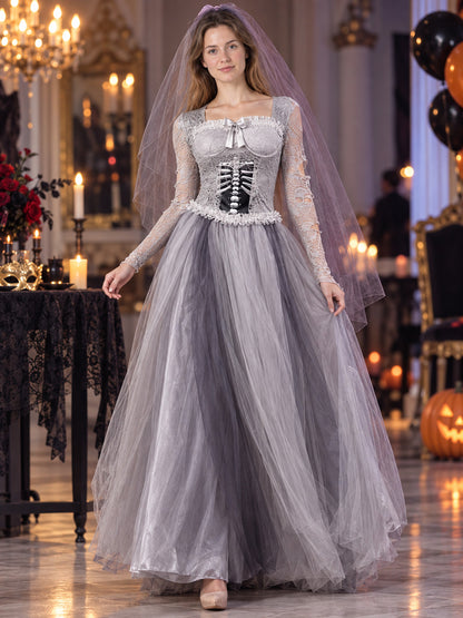 Skeleton Bride Costume with Gray Dress and Veil