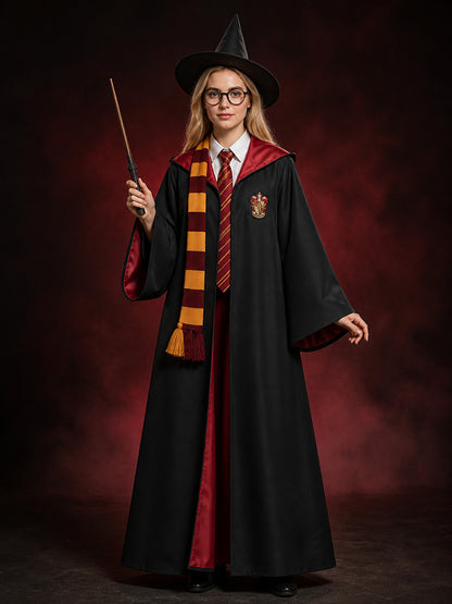 Red and Black Wizard Cosplay Robe Costume Set with Hat, Glasses, Wand, Tie