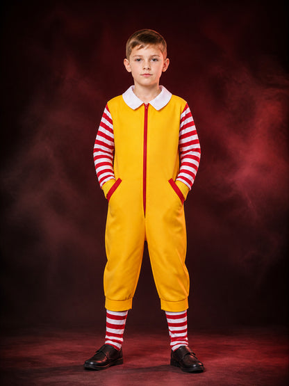 Yellow Clown Jumpsuit Costume, Red And White Striped Sleeves, Halloween Cosplay main product view