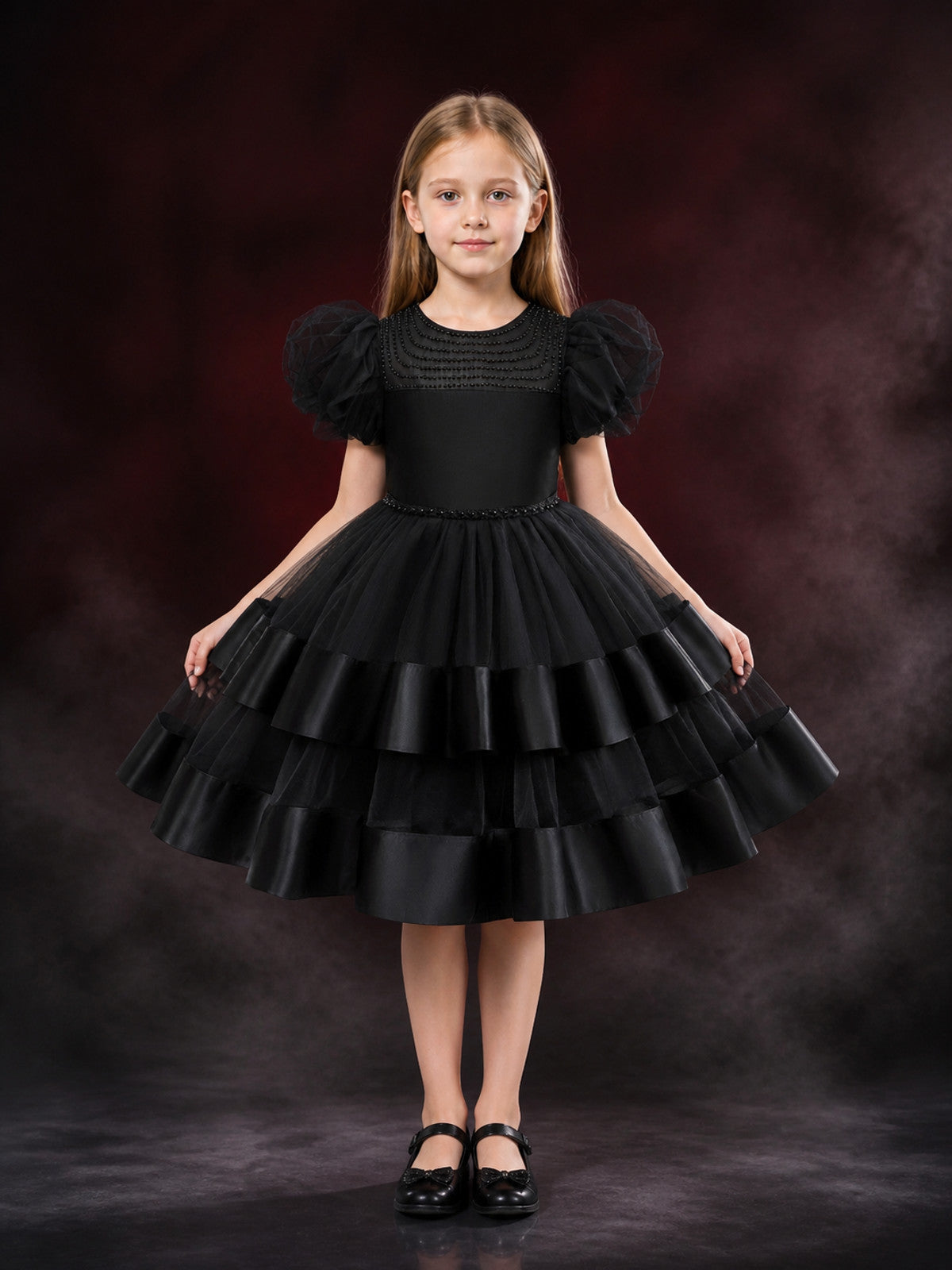Girls' Black Princess Dress, Beaded Puff Sleeve Layered Formal Gown main product view
