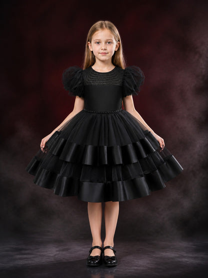 Girls' Black Princess Dress, Beaded Puff Sleeve Layered Formal Gown main product view