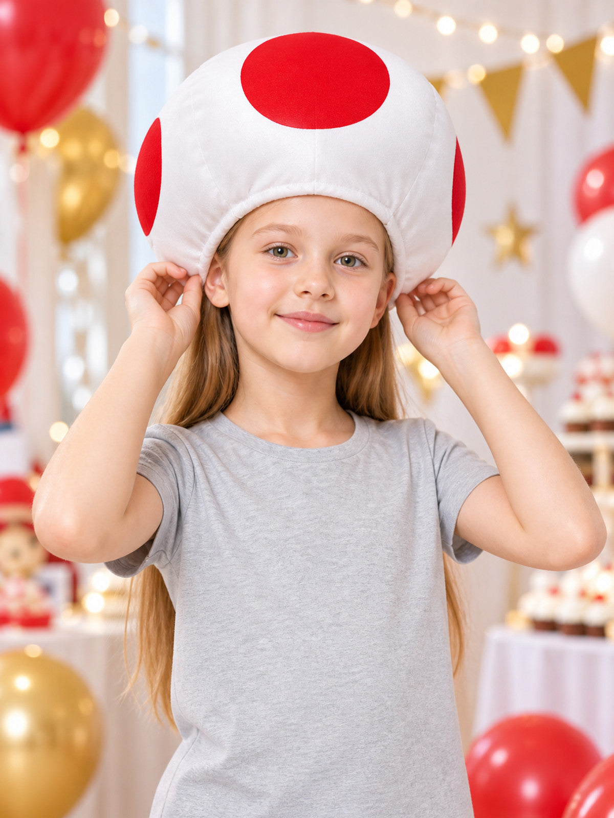 3D cosplay hat with red circular elements lifestyle view