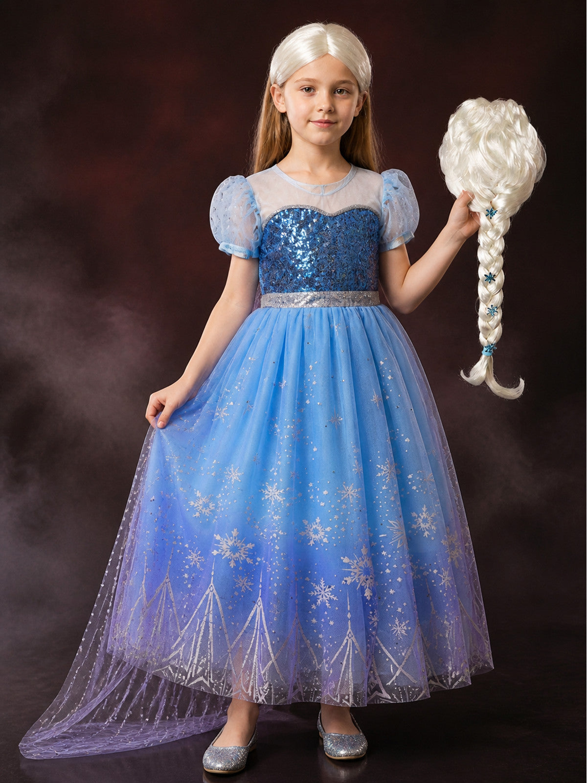 Girls Snow Queen Sequined Costume Dress, Blue Puffy Gown with Cape and Wig main product view