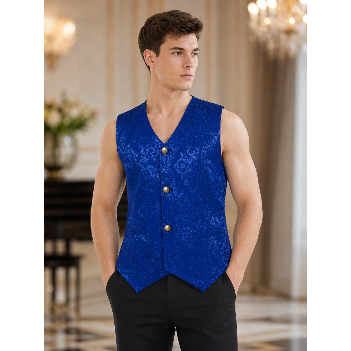 Short Jacquard Vest with V-Neck lifestyle view
