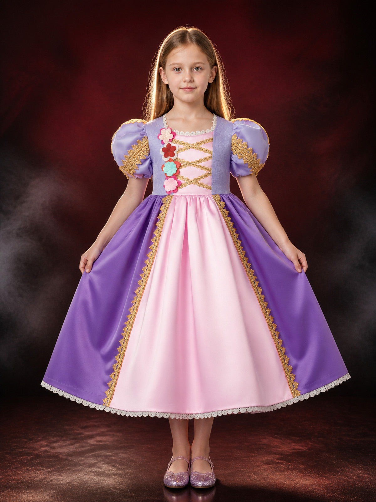 Toddler Girls' Purple Pink Princess Dress, Puff Sleeves, Floral Full Skirt