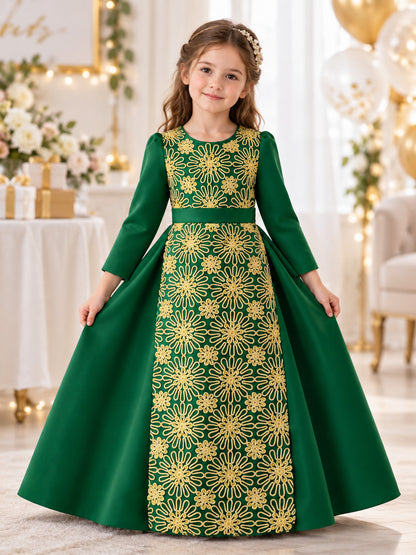 Dark Green Floor-Length Formal Dress for Girls with Bow