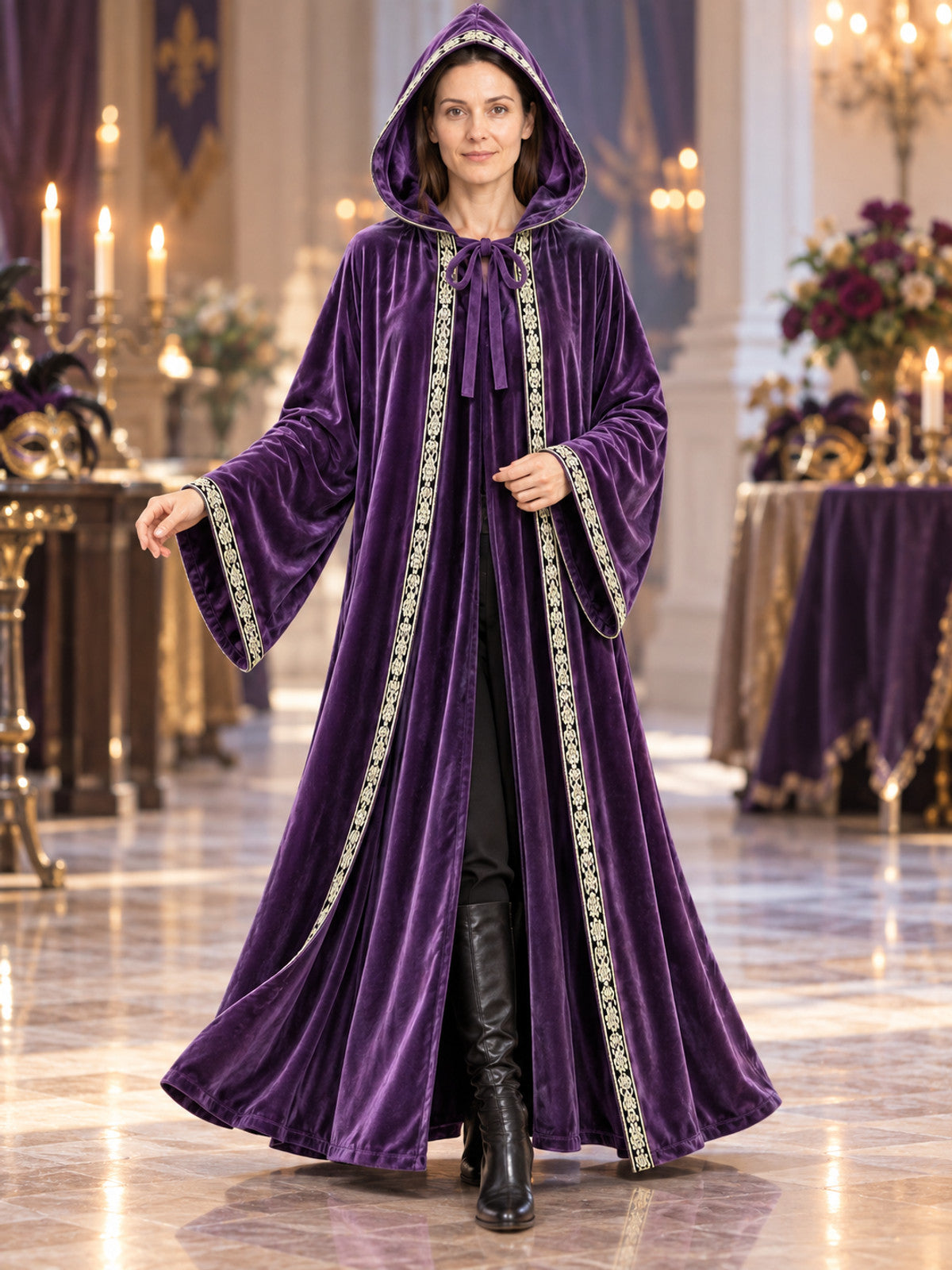 Hooded Cloak-Mantle, Purple, with Patterned Trim