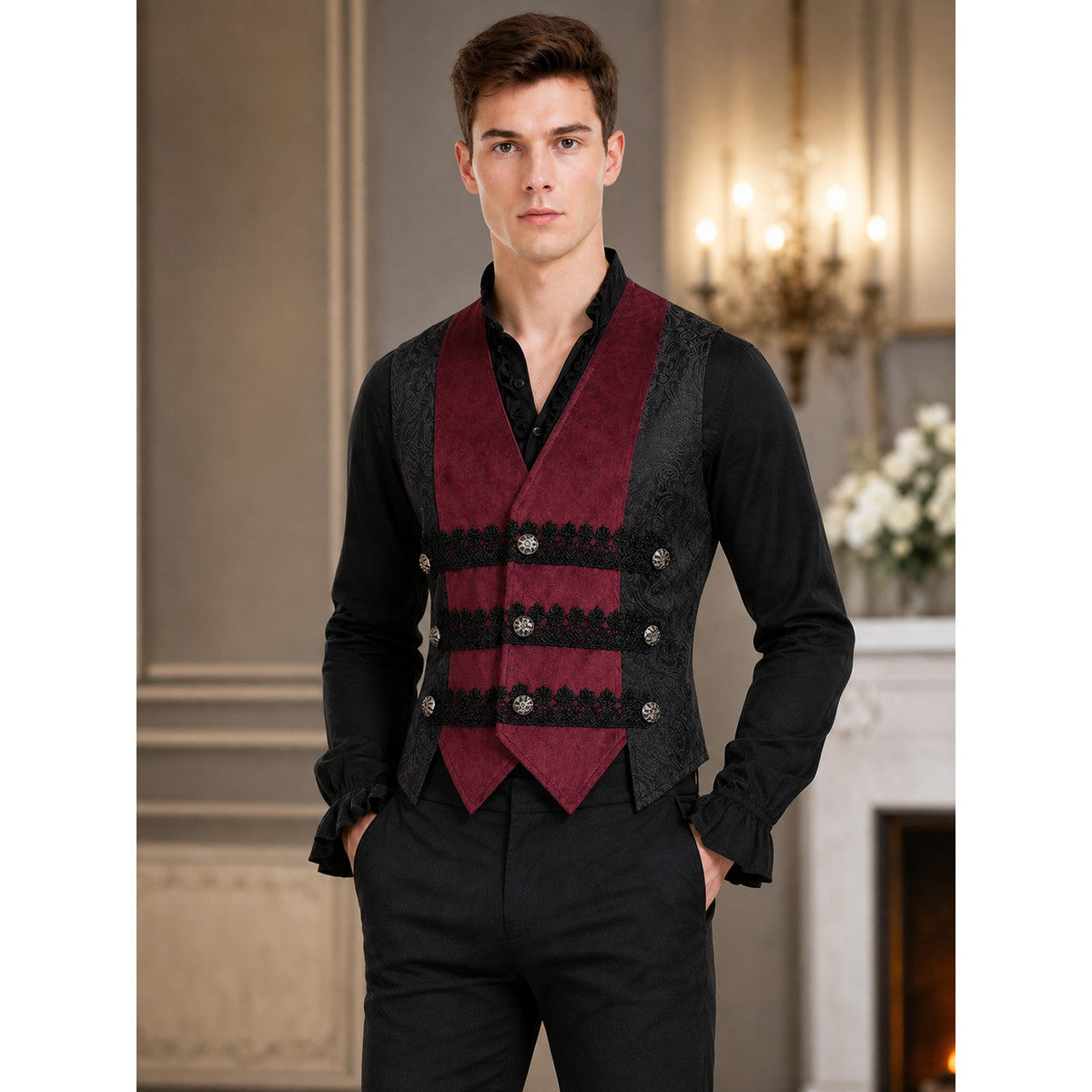 Gothic Sleeveless Vest with Burgundy Lapels lifestyle