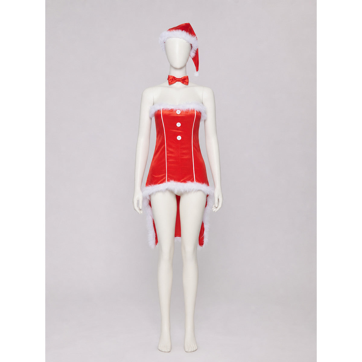 Red Christmas cosplay costume designed as a Santa Claus look. The set includes a festive costume in a red color theme with white decorative elements. The design features a sleeveless bustier silhouette, a red dress with a fitted contour, an