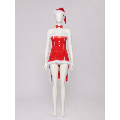 Red Christmas cosplay costume designed as a Santa Claus look. The set includes a festive costume in a red color theme with white decorative elements. The design features a sleeveless bustier silhouette, a red dress with a fitted contour, an