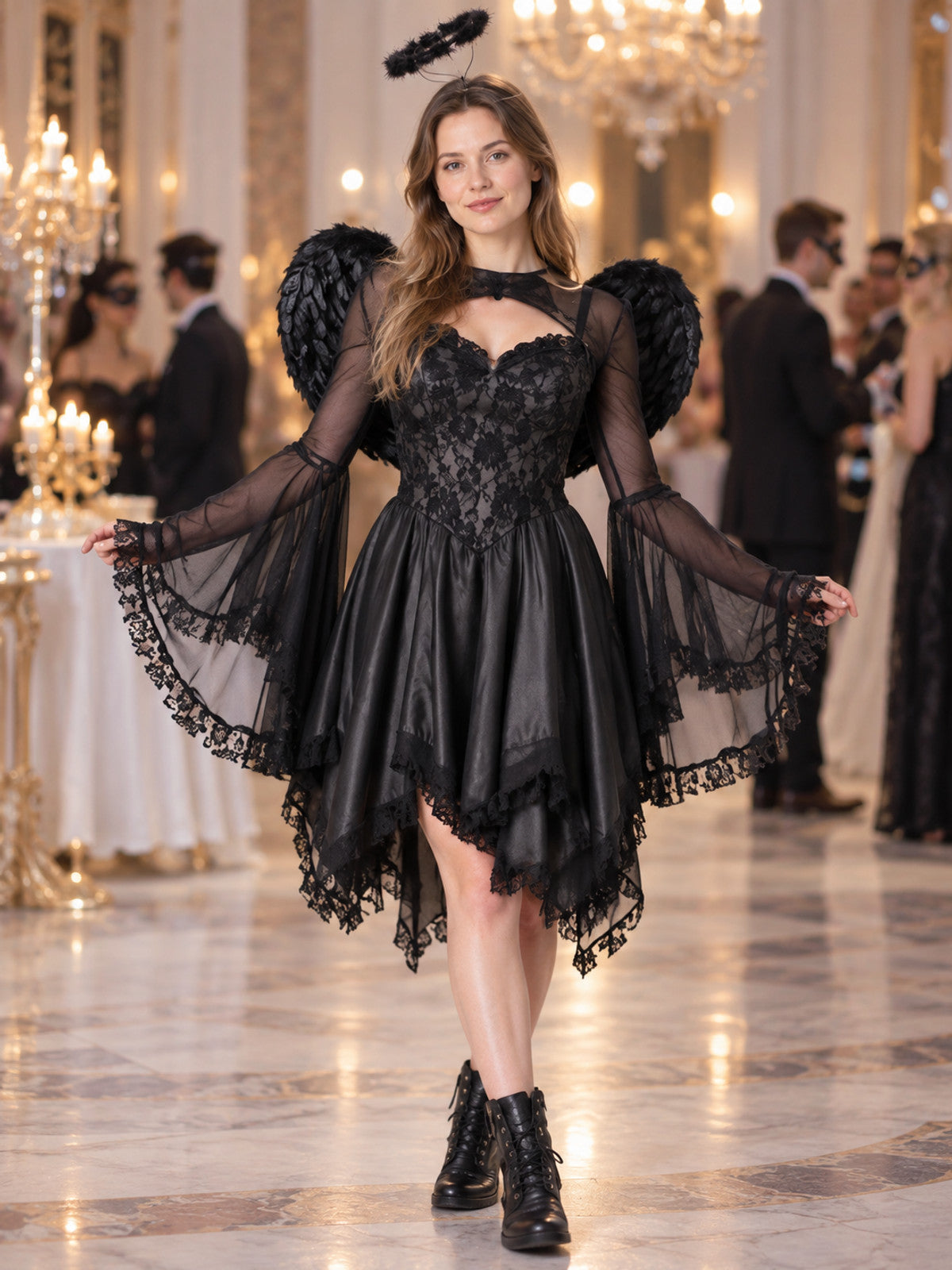 Carnival Costume with Black Dress, Wings, and Halo