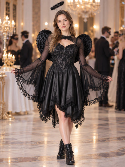 Carnival Costume with Black Dress, Wings, and Halo