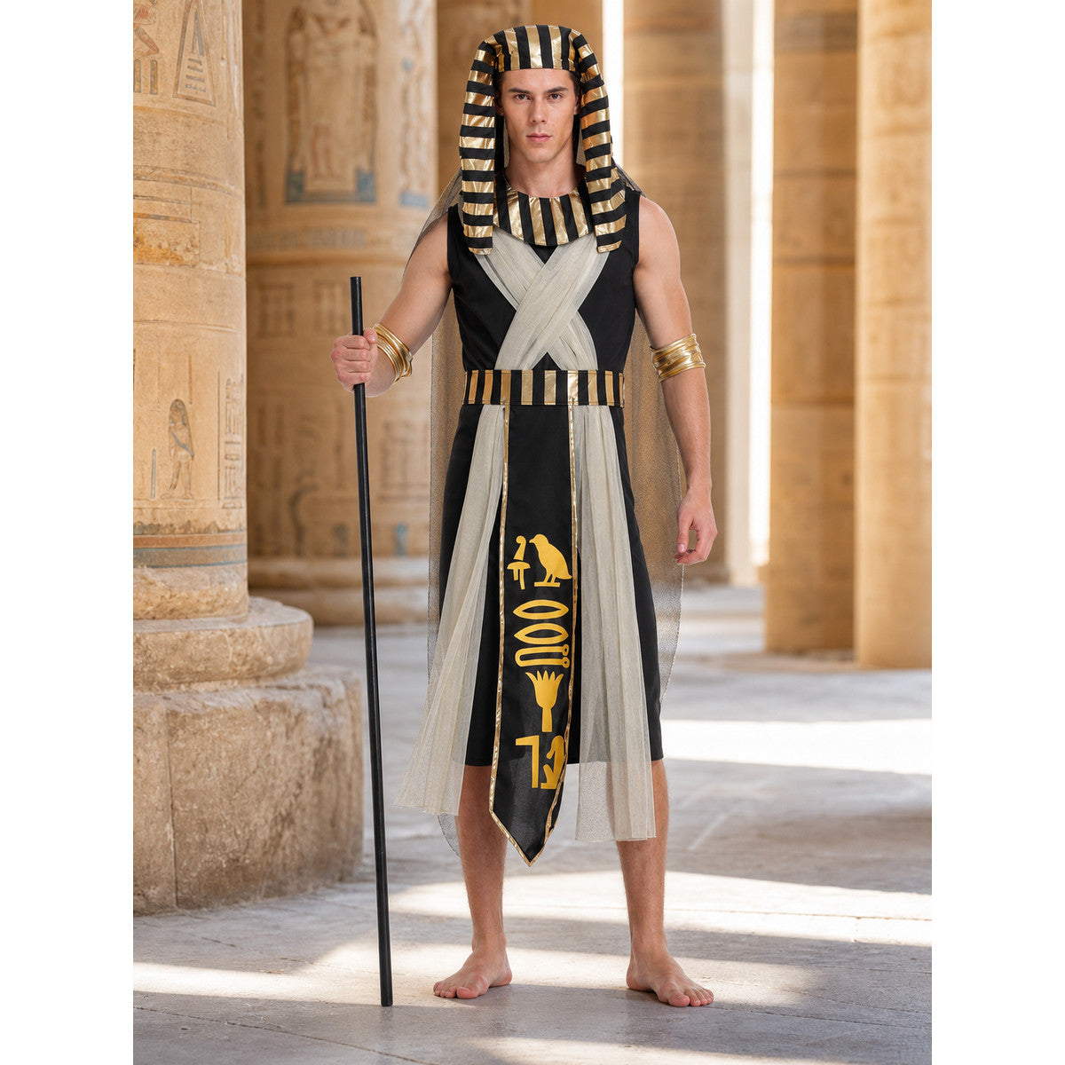Men’s Egyptian Pharaoh Halloween Costume Set, 4-Piece Role Play Outfit with Headpiece, Neck Ornament and Belt for Cosplay Stage Performance lifestyle