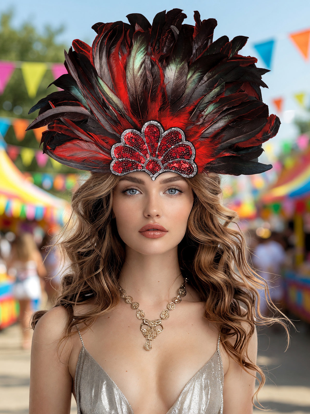 Red and black feathered headpiece with a jeweled red centerpiece, worn by a woman in a colorful outdoor carnival scene