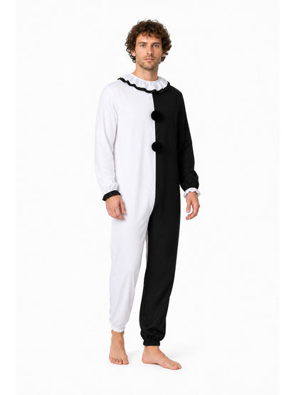 Black-and-White Clown Jumpsuit with Ruffled Collar for Halloween Costumes detail