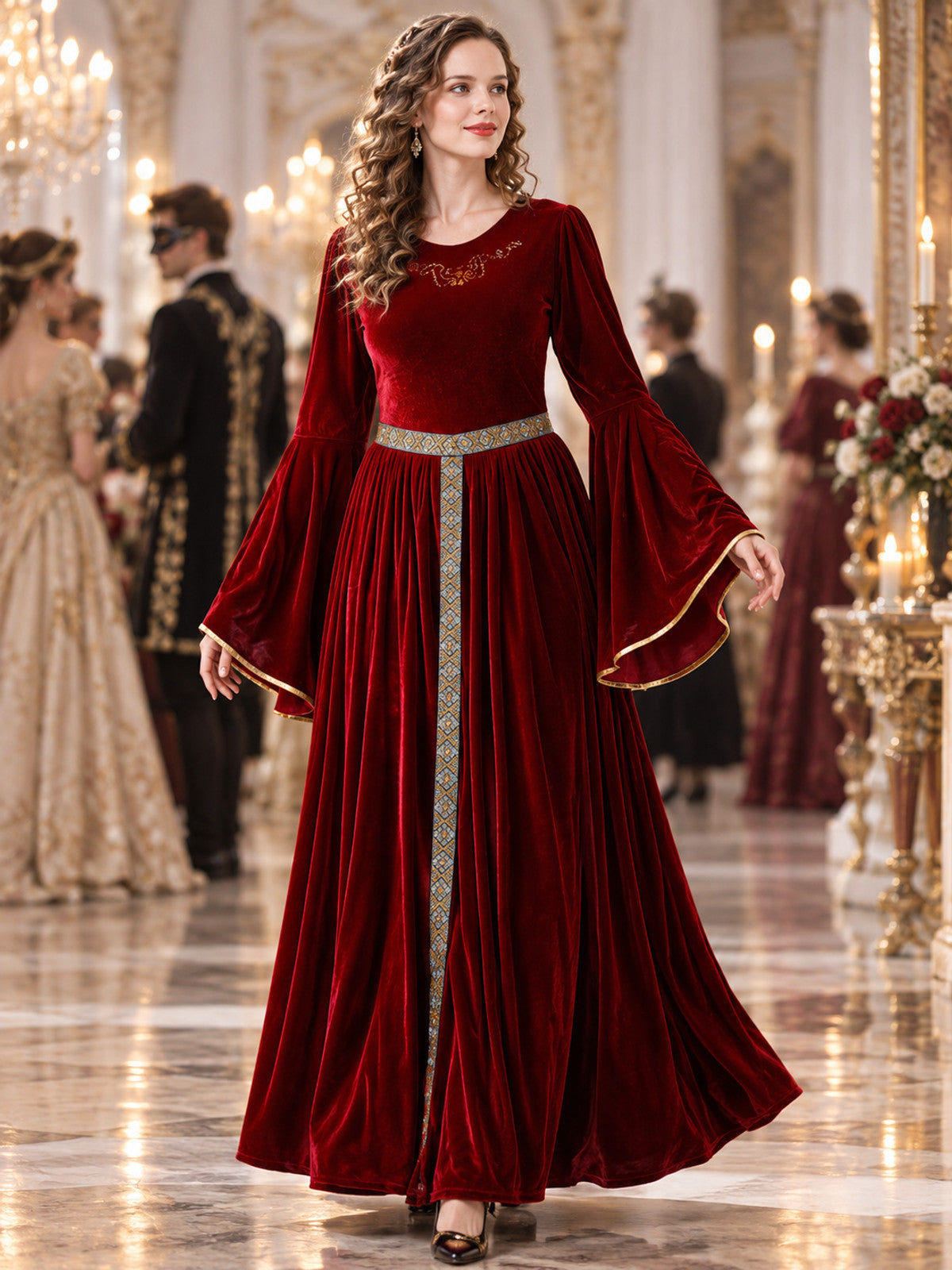 Long Medieval Dress with Embroidery and Flared Sleeves