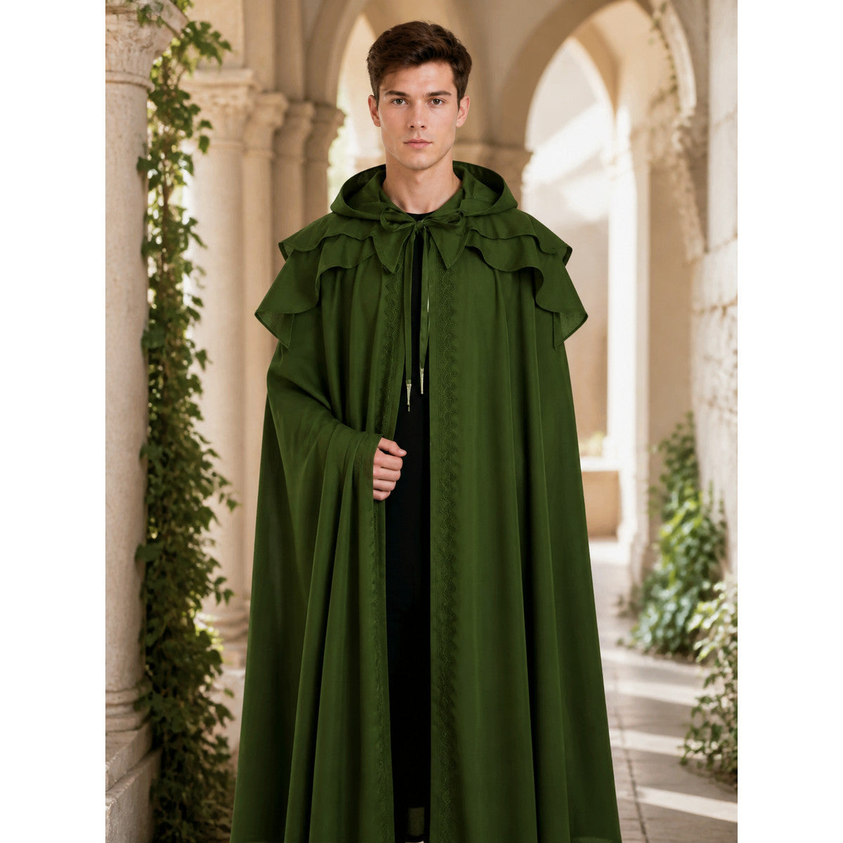 Dark Green Medieval Hooded Cloak for Halloween lifestyle view