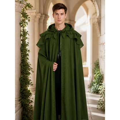 Dark Green Medieval Hooded Cloak for Halloween lifestyle view
