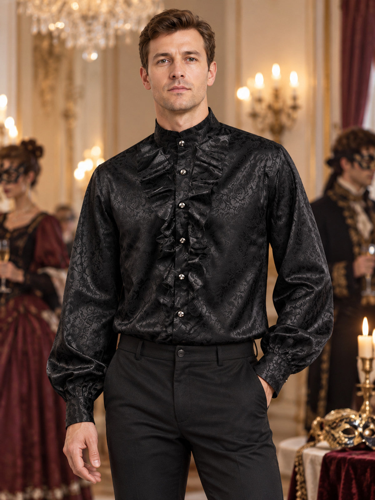 Black Shiny Shirt with Jabot and Ruffles