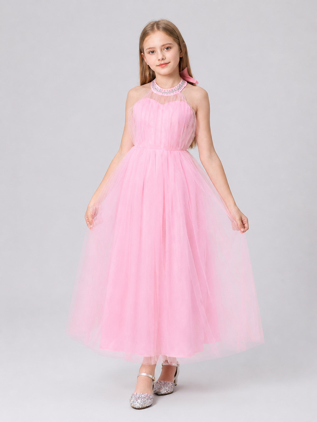 Pink Dress with a Full Skirt and Halter Neckline