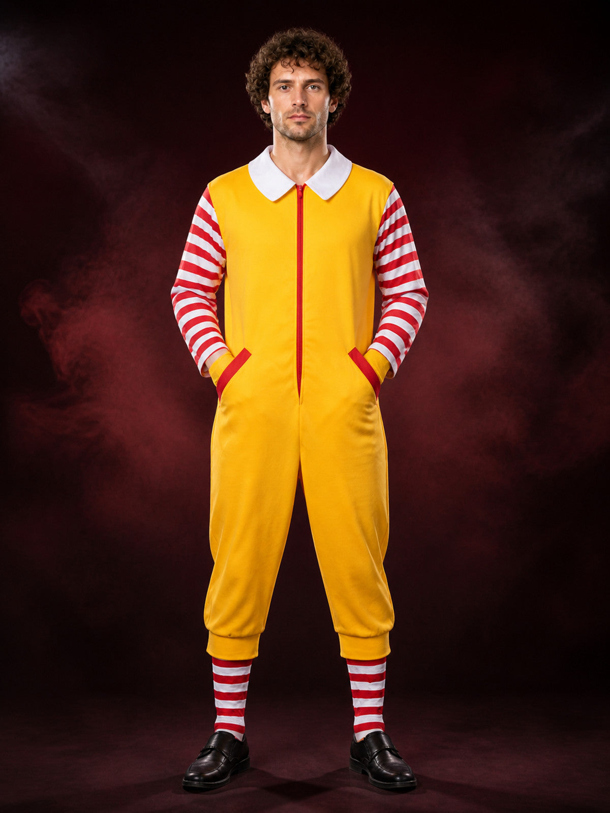 Halloween Clown Jumpsuit Costume, Orange-Yellow with Red and White Striped