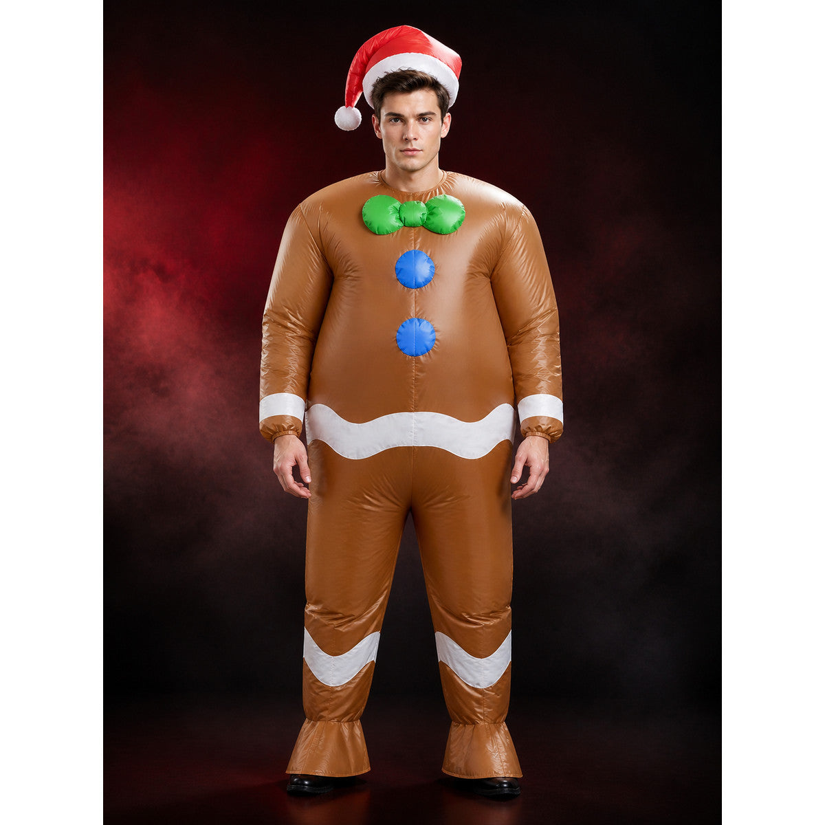 Gingerbread Man Inflatable Costume, Red Hat and Green Bow Tie, White Trim main product view