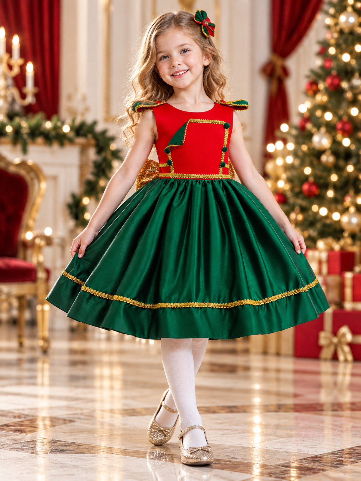New Year Dress with a Full Skirt and a Gold Bow