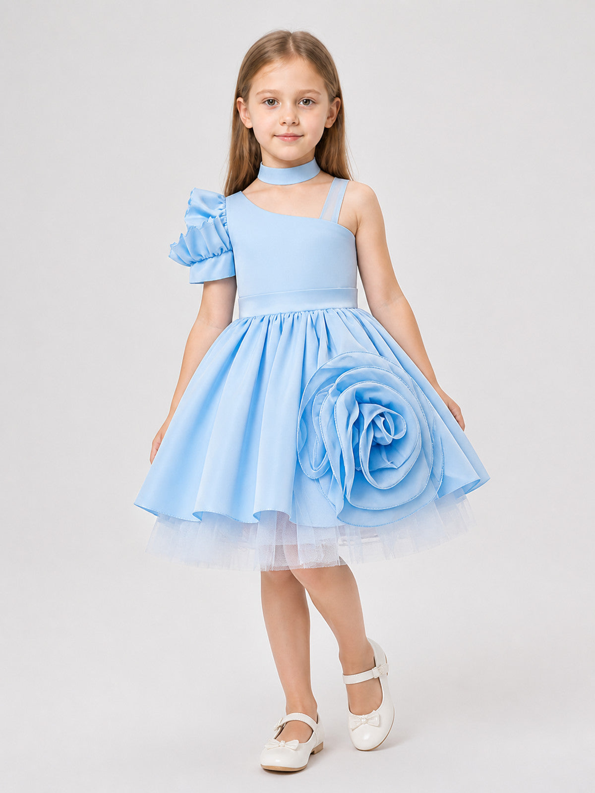 Blue Princess Dress for Girls with Rose and Choker Costume Dresses detail