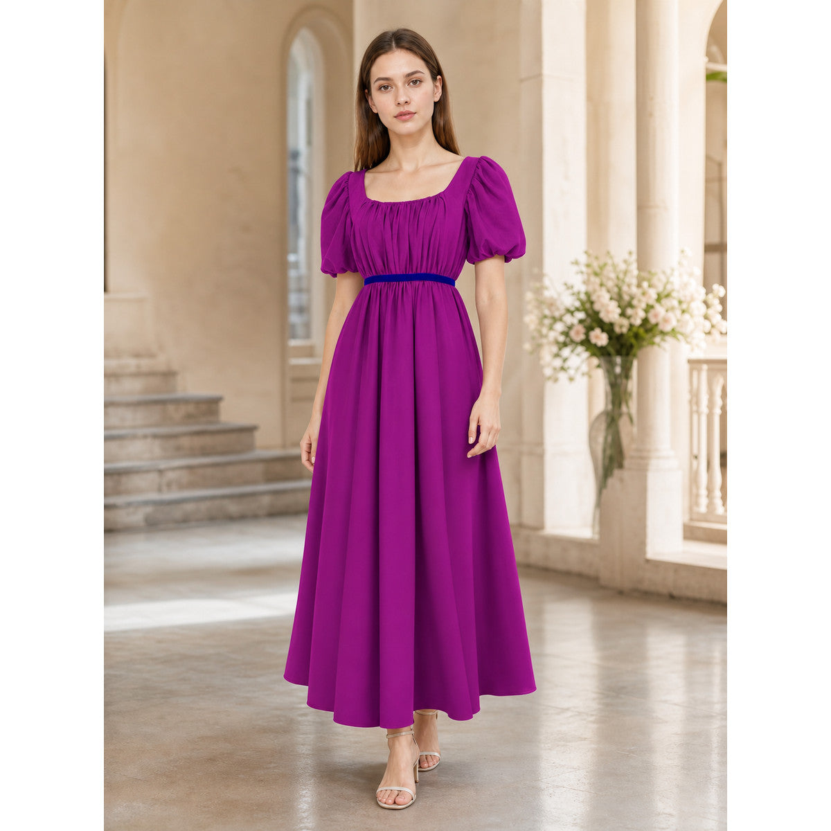 Long Fitted Dress with Puff Sleeves lifestyle